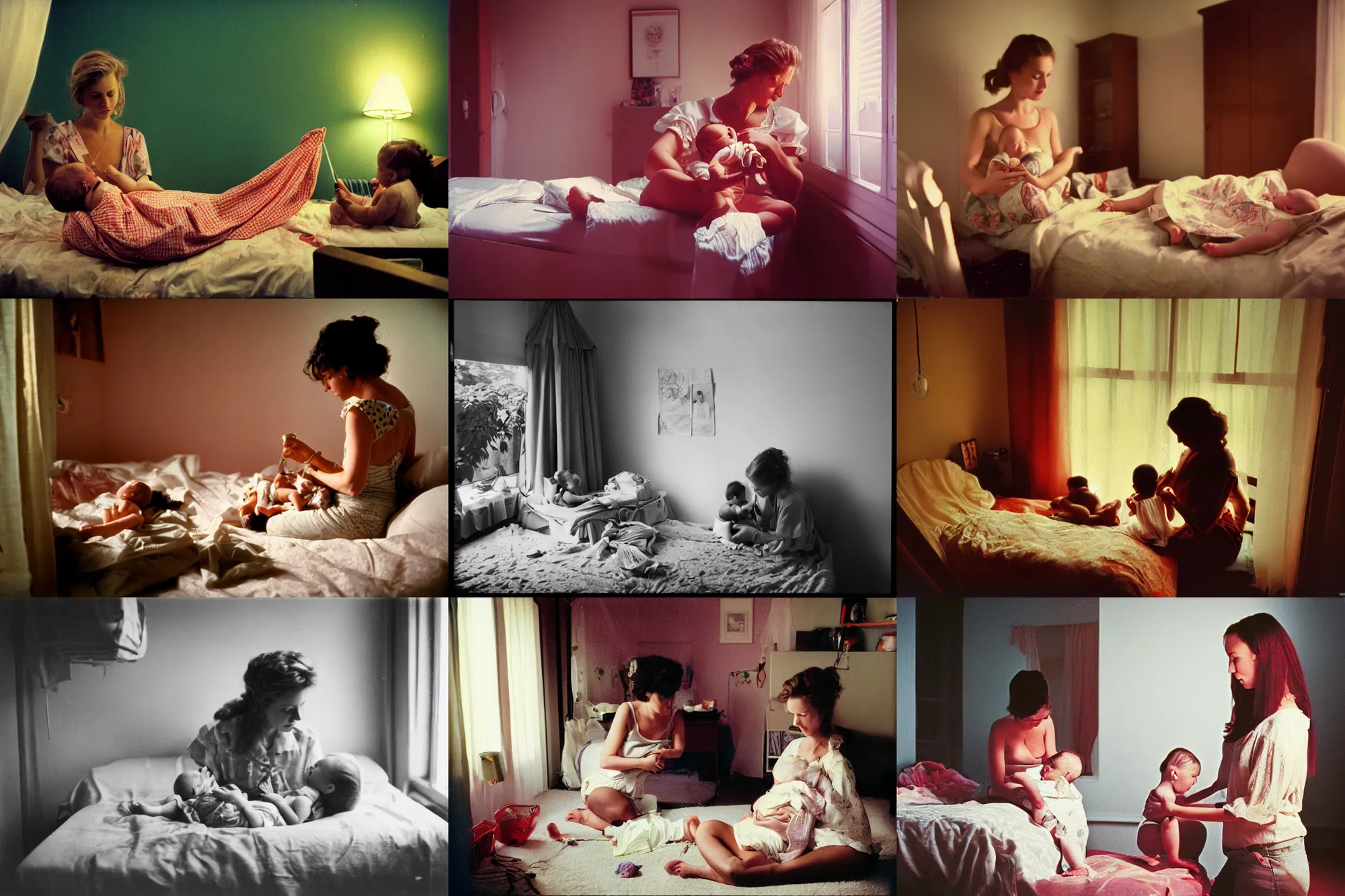 Prompt: color photograph portrait of a beautiful woman tending her baby in her room. night, summer, warm lighting, 1 9 9 0 photographs from life magazine.