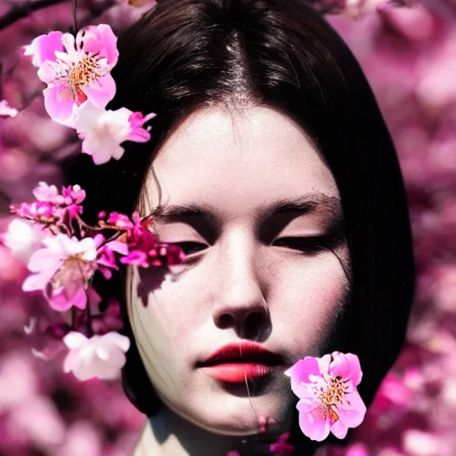 Image similar to double exposure photo of a face of a woman and cherry blossoms, award-winning photograph, 8k UHD