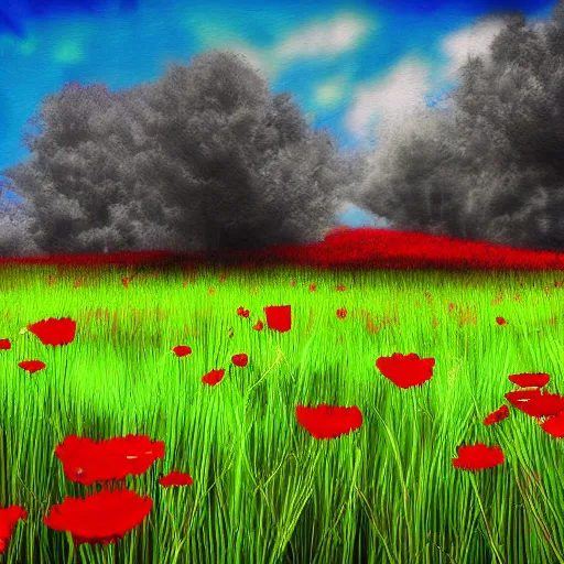 Prompt: a grass field sparsely littered with trees and red flowers, digital art,