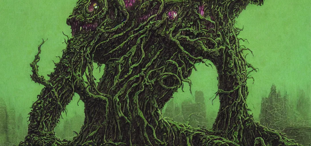 Prompt: a close - up view portrait of a giant tree monster liminal, brutalist dock halls with green alien fog, close - up view, detailed textures. glowing green purple fog, dark black background. murder poison skull face, highly detailed fantasy science fiction painting by moebius, norman rockwell, frank frazetta, and syd mead. rich colors, high contrast