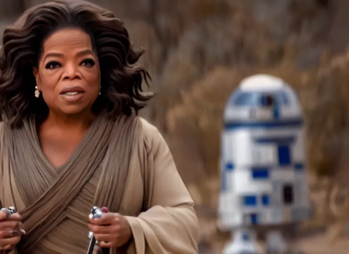 Prompt: oprah winfrey plays a jedi master in star wars rise of skywalker, 3 5 mm photography, highly detailed, cinematic lighting, standing pose, fully body shot, holding lightsaber 4 k