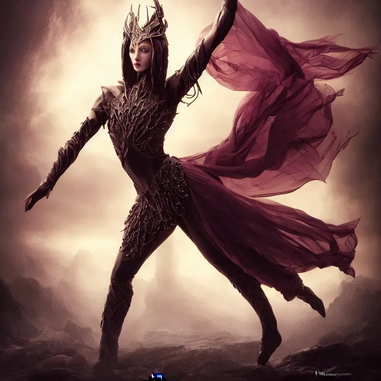 Image similar to beautiful cinematic fantasy poster, a beautiful fashion model wearing haute couture in dynamic full body dance pose, full body shot, ultrawide angle epic scale, hybrid from The Elden Ring and art direction by Darius Zawadzki ;by artgerm; wayne reynolds art station; cinematic quality character render; low angle; ultra high quality model; production quality cinema model;