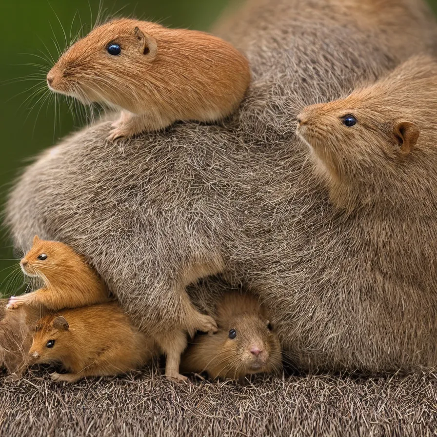 Image similar to a harvest mouse sitting on top of a cat sitting on top of a capybara, high definition, national geographic, award winning, god rays, 8k, 35mm wide angle photograph