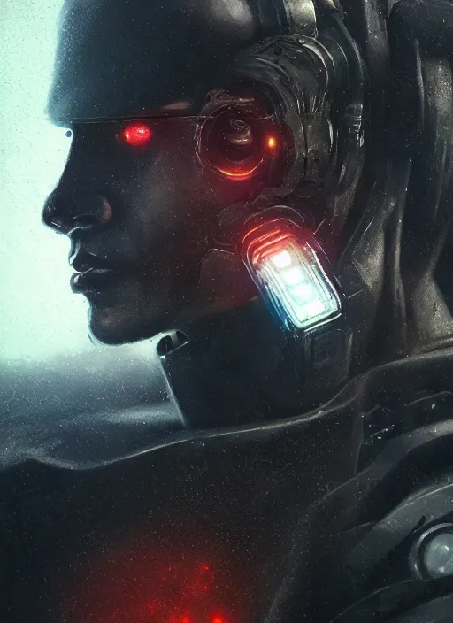 Prompt: handsome man half covered face with cybernetic enhancements as seen from a distance, scifi character portrait by greg rutkowski, esuthio, craig mullins, 1 / 4 headshot, cinematic lighting, dystopian scifi gear, gloomy, profile picture, mechanical, half robot, implants, solarpunk
