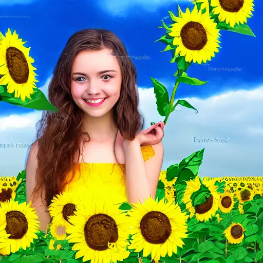 Prompt: Fantasy Map, Illustration of a Ukrainian girl Smiling | Subject Description: Beautiful pretty young, flowers in her dark hair, Scene: Sunflower field, Image Colors: Yellow sunflowers, blue cloudy sky