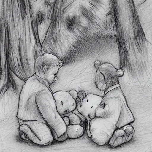 Prompt: teddy bears picnic in the style of carol lawson pencil sketch,