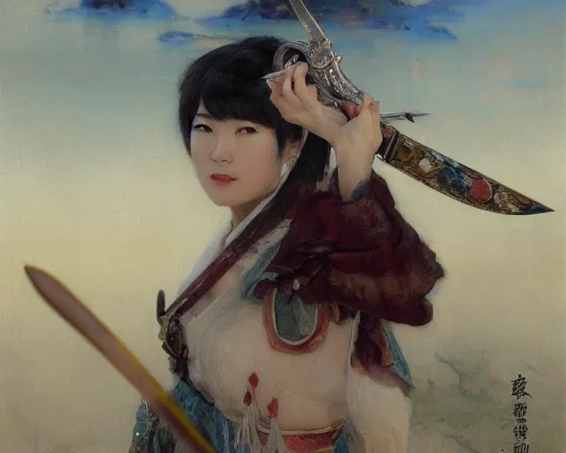 Image similar to a young japanese princess lady with white hair and bangs!!!!, posing with a sword killing an ox, white hair highly detailed painting by gaston bussiere, craig mullins, j. c. leyendecker 8 k