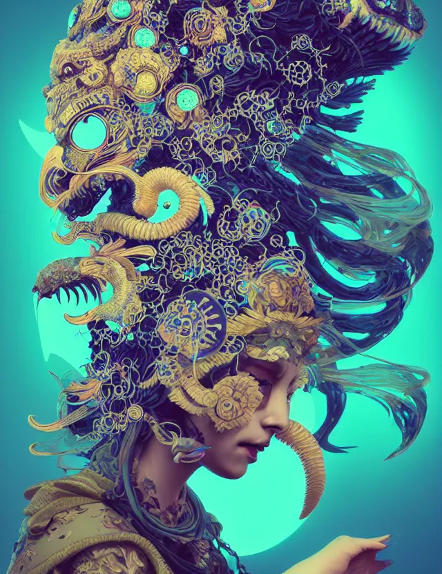 Image similar to 3 d goddess close - up profile solarpunk portrait ram skull. beautiful intricately detailed japanese crow kitsune mask and clasical japanese kimono. betta fish, jellyfish phoenix, bio luminescent, plasma, ice, water, wind, creature, artwork by tooth wu and wlop and beeple and greg rutkowski