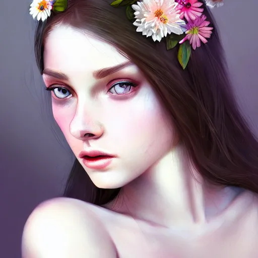 Prompt: character concept portrait of a beautiful woman with pale face, flowers in her hair, intricate, elegant, digital painting, concept art, realistic, smooth, focus, rim light
