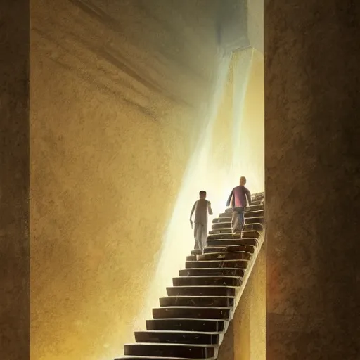 Image similar to a man going into heaven with his wife and children through stairs which is connecting magical world to heaven, realistic, concept art trending on artstation, glowing effect, golden ratio, rule of thirds, illustration, digital painting, hyperreal, hyperdetailed, 8k