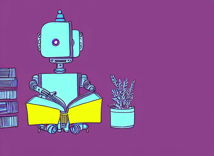 Image similar to professional illustration of the robot reading the book, violet color palette, sharp, 4K