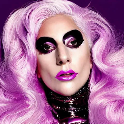 Image similar to lady gaga with pink hair wearing a purple dress, an album cover by Hedi Xandt, featured on tumblr, afrofuturism, made of rubber, made of plastic, elite