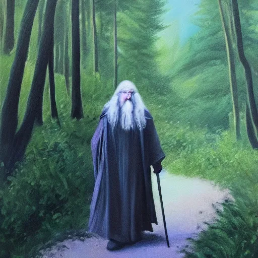 Prompt: Gandalf travelling trough the forest, oil painting