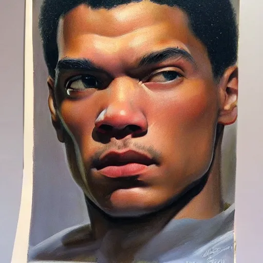 Image similar to ultra realistic portrait painting of justice smith, art by frank frazetta, 4 k, ultra realistic, highly detailed, epic lighting