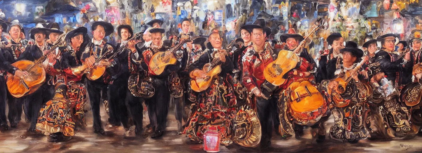 Prompt: tom hanks, mariachi band, festival, night, lanterns, oil painting, peter rubens