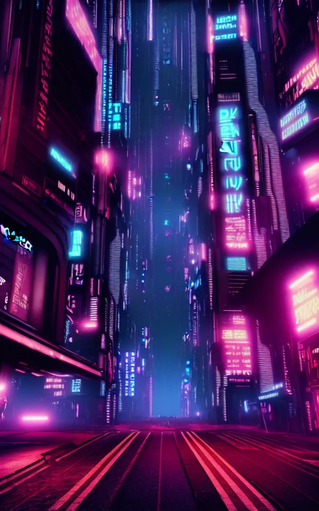 Prompt: A magnificent dark neon futuristic cyberpunk city bustling street at night made in cinema4d, hyper realistic, extreme details, cinematic | 8k video | Aesthetics of bladerunner
