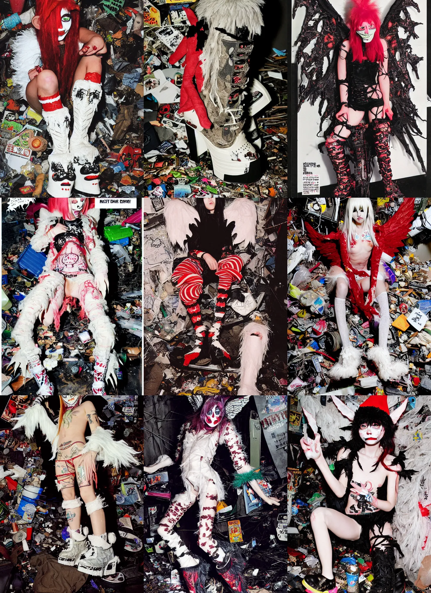 Prompt: photo of lace elf angel goblin wearing ripped up dirty Swear kiss monster teeth yeti platform boots in the style of Ryan Trecartin in the style of 1990's FRUiTS magazine 20471120 by Walter Van Beirendonck W&LT in japan in a dirty dark dark dark poorly lit bedroom full of trash and garbage server racks and cables everywhere in the style of Juergen Teller in the style of Shoichi Aoki, japanese street fashion, KEROUAC magazine, Walter Van Beirendonck W&LT 1990's, Vivienne Westwood, y2K aesthetic