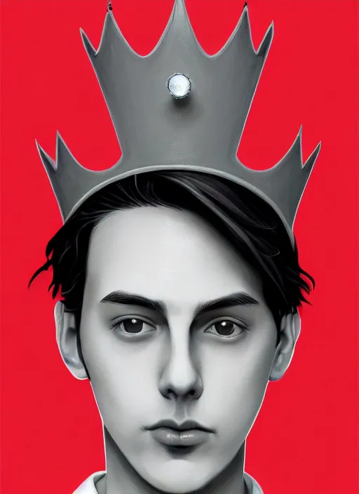 Image similar to portrait of teenage jughead jones wearing a light grey crown, photorealistic, crown, crown with red and white pin badge, crown with pins, eyes closed, crown, black hair, intricate, elegant, highly detailed, digital painting, glowing lights, artstation, concept art, smooth, sharp focus, illustration, art by wlop, mars ravelo and greg rutkowski