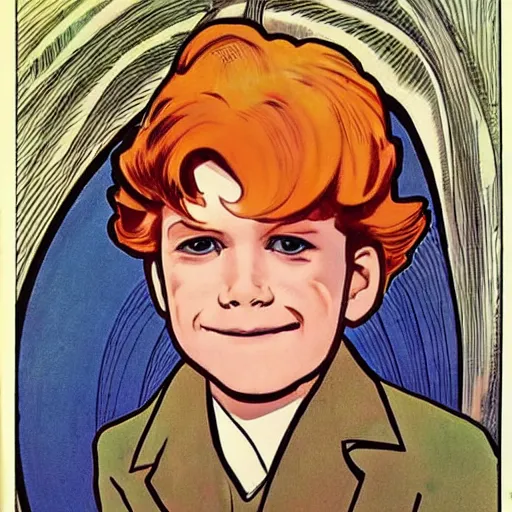 Image similar to a cute little boy with a mischievous face and short ginger hair. he is dressed as a superhero. well composed, clean elegant painting, beautiful detailed face. painting by steve ditko and jack kirby and ( alphonse mucha )