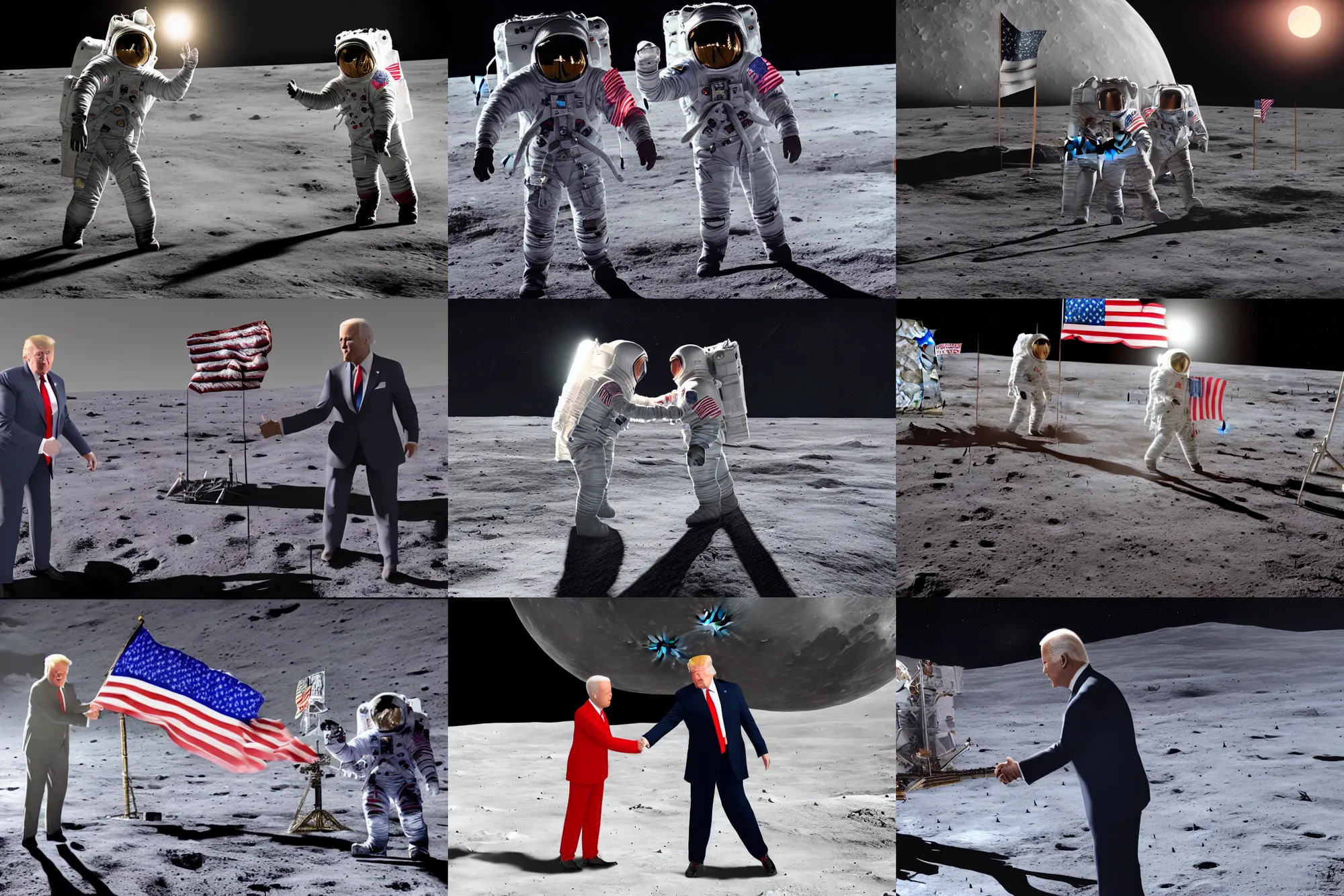 Prompt: hyperrealistic cinematic portrait donald trump shaking hands with joe biden on the moon, highly detailed maya render, volumetric lighting, 8 k, artstation