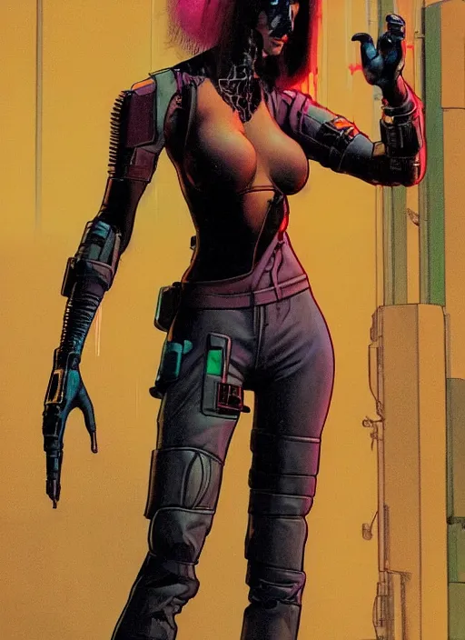 Image similar to cyberpunk hitwoman walking into a nightclub. portrait by mœbius and will eisner and gil elvgren and pixar. realistic proportions. cyberpunk 2 0 7 7, apex, blade runner 2 0 4 9 concept art. cel shading. attractive face. thick lines.