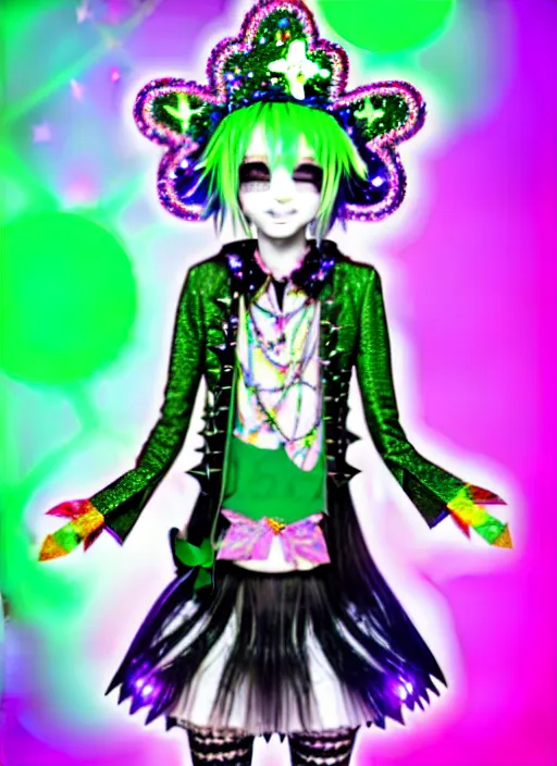 Prompt: a hologram of decora styled green haired yotsuba koiwai wearing a jester hat and gothic spiked jacket, background full of lucky clovers and shinning stars, holography, irridescent, baroque visual kei decora art