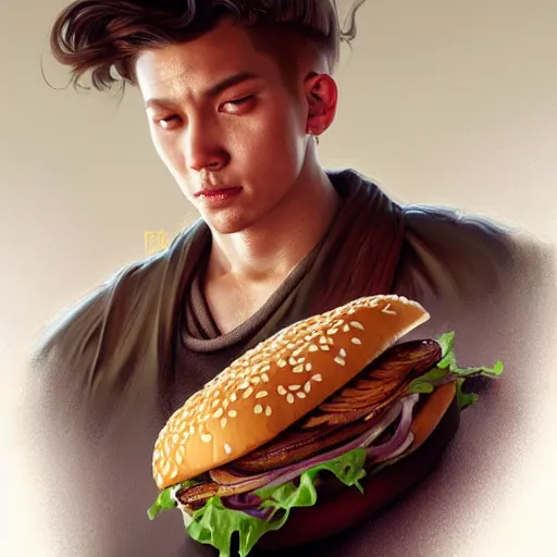 Prompt: portrait of a young rugged chicken sandwich , extra onions and ketchup, luscious patty with sesame seeds, handsome, D&D, fantasy, intricate, elegant, highly detailed, digital painting, sweaty meat, artstation, concept art, matte, sharp focus, illustration, art by Artgerm and Greg Rutkowski and Alphonse Mucha