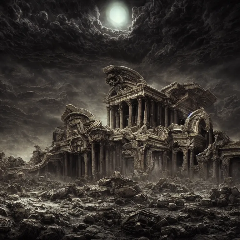 Image similar to surreal ancient alien abandoned temple on exoplanet, wrecked technology, dark clouds, surreal abandoned buildings, dream-like heavy atmosphere, baroque painting, beautiful detailed intricate insanely detailed octane render trending on Artstation, 8K artistic photography, photorealistic, dramatic volumetric cinematic light, chiaroscuro, Raphael, Caravaggio, Beksinski, Giger