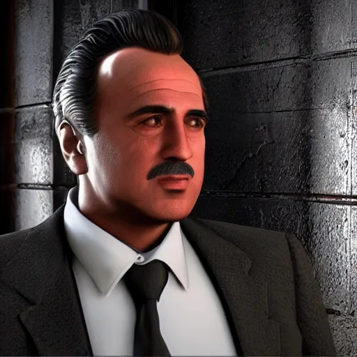 Image similar to Vittorio Corleone with the face of Super Mario, realistic, 3d rendering, unreal engine, cinematic shot