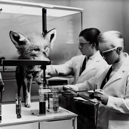 Image similar to fox animals conducting experiments in a chemistry lab, award winning photograph