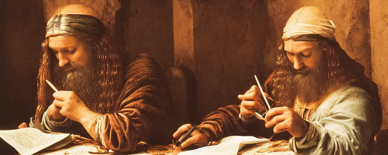 Image similar to leonardo da vinci studying spaghetti, note taking, small details, intricate, canon 8 0 mm, cinematic lighting, wes anderson film, kodachrome