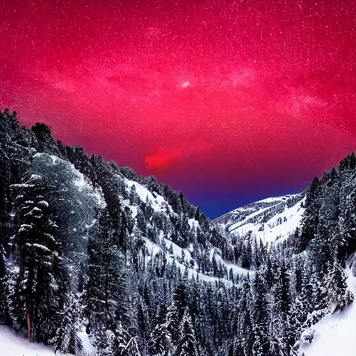 Prompt: A forested valley surrounded by snow-capped mountains at night, a red nebula in the sky, brightly-lit, no clouds, sci-fi