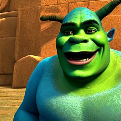 Image similar to shrek with blue skin