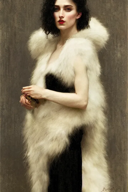 Image similar to portrait of a warrior, amazon, slav, very beautiful face, pleasant facial features, red lips, long snow - white hair, black closed velvet dress, leather armor, iron armor, white boots, fur, clothes alexander mcqueen very beautiful style, photorealism, bouguereau, edgard maxence