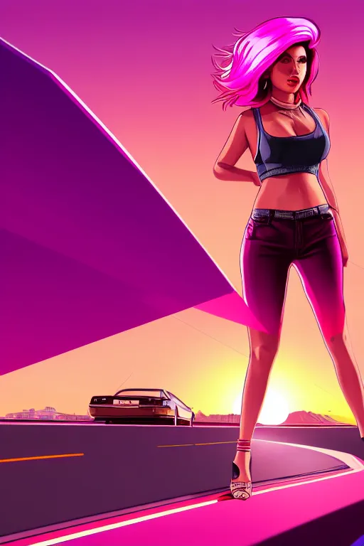 Prompt: a stunning GTA V loading screen with a beautiful woman with ombre purple pink hairstyle, hair blowing in the wind, sunset mood, outrun, vaporware, retro, digital art, trending on artstation