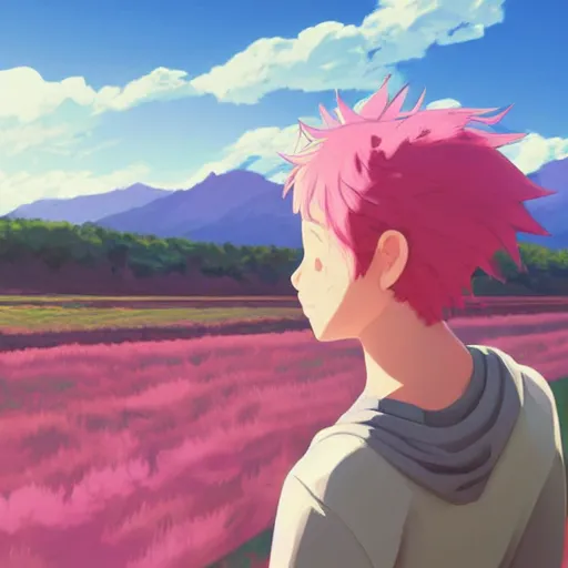 Prompt: pink haired teen boy on a trip, fields and mountains in the background, highly detailed, digital painting, by makoto shinkai and thomas kindle and James gilleard