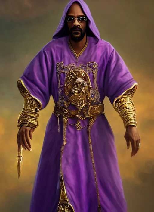 Image similar to snoop dogg as a mage, short beard, grumpy, intricate purple robes, Ivan Aivakovsky, Boris Vallejo, epic fantasy character art, D&D Concept Art, full length, ultra Realistic, Regal, Refined, Detailed Digital Art, Exquisite detail, post-processing, masterpiece, Cinematic Lighting, Unreal Engine, 8k, HD