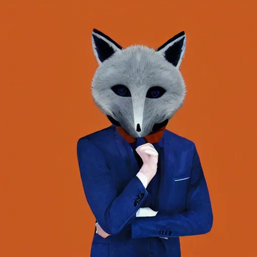 Image similar to “Young man wearing an orange-gala-fox-mask, darkblue suit and fluffy foxtail, digital art”