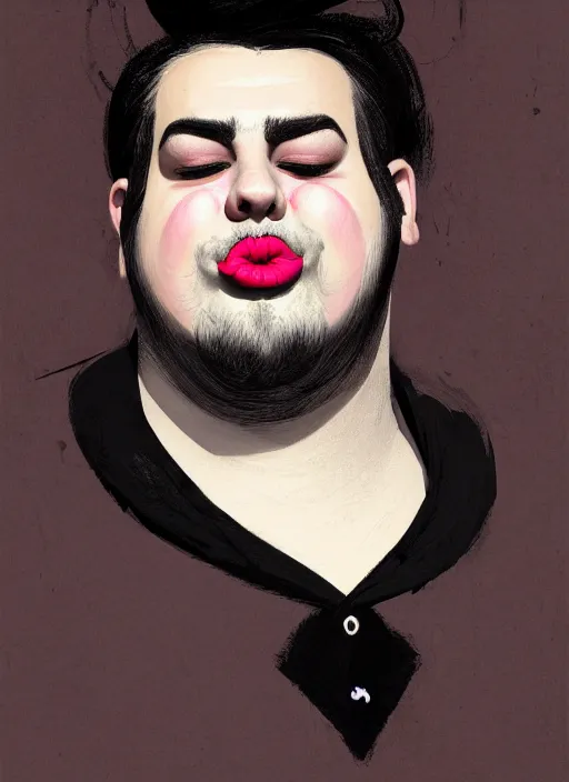 Image similar to portrait of a plump man with a crooked nose and a confident expression, 1 9 6 0 s, black clothes, goth, punk, brightly coloured hair, funk, intricate, elegant, highly detailed, digital painting, artstation, concept art, smooth, sharp focus, illustration, art by wlop, mars ravelo and greg rutkowski