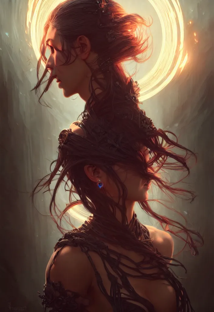 Image similar to Necromancer Sorceress, fantasy magic, undercut hairstyle, dark light night, intricate, elegant, sharp focus, illustration, highly detailed, digital painting, concept art, matte, art by WLOP and Artgerm and Greg Rutkowski and Alphonse Mucha, masterpiece