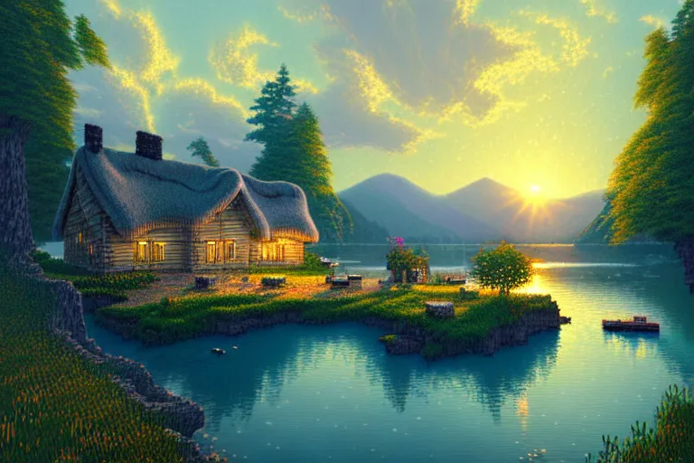 Image similar to view of a cottage above an azure lake, beautiful detailed pixelart by albertov and by wlop, intricate details, dithered gradients, beautiful, volumetric lighting, cgsociety, artstation