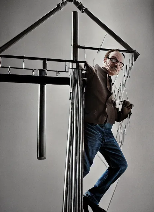 Image similar to cbrian cranston with a long construction crane neck, metal bars, natural light, bloom, detailed face, magazine, press, photo, steve mccurry, david lazar, canon, nikon, focus