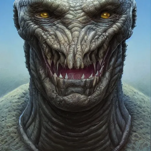 Image similar to vladimir putin, anthropomorphic bald prehistoric reptile, putin chimera, toothless, horror, macabre by donato giancola and greg rutkowski and wayne barlow and zdzisław beksinski, realistic face, digital art