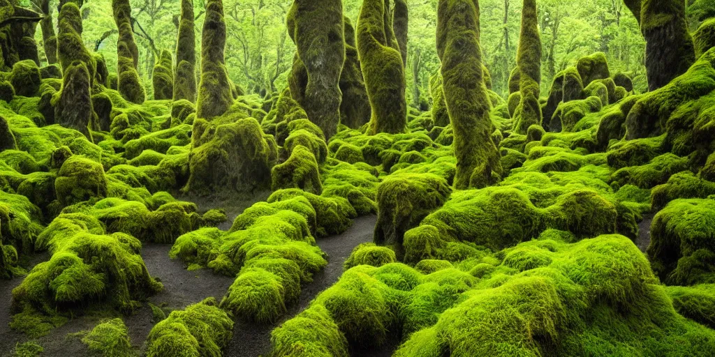 Image similar to photo of a landscape with lush forest, wallpaper, very very wide shot, iceland, new zeeland, green flush moss, national geographic, award landscape photography, professional landscape photography, iwagumi design, sharp rocks, ancient forest, sunny, day time, beautiful