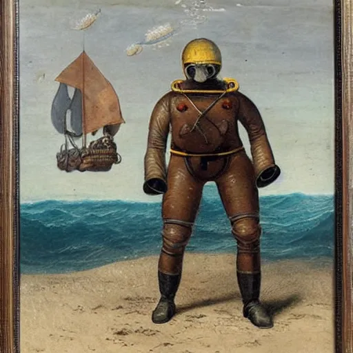 Image similar to 19th century romantic painting of a deep see atmospheric diving suit salvaging a submarine