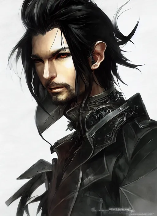 Image similar to Half body portrait of a handsome elven warrior with long black hair and facial hair wearing a black jacket. In style of Yoji Shinkawa and Hyung-tae Kim, trending on ArtStation, dark fantasy, great composition, concept art, highly detailed.