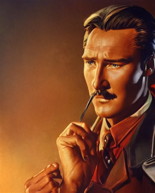 Image similar to Errol Flynn as a scientist. 1980s dystopian Soviet Russia, propaganda screens. Unreal engine, fantasy art by Bayard Wu. Faithfully depicted facial expression, perfect anatomy global illumination, radiant light, detailed and intricate environment