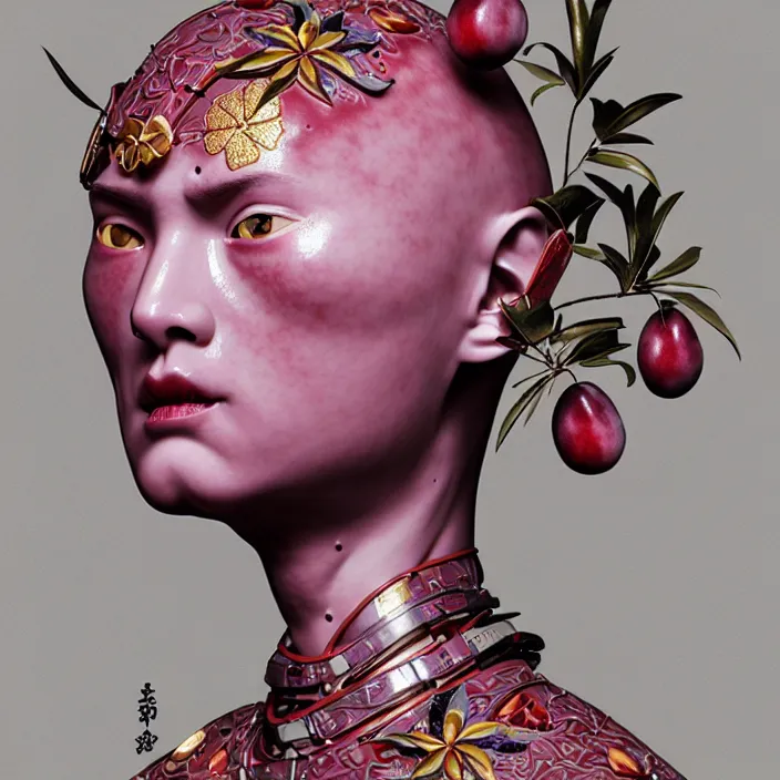 Image similar to ceramic cyborg, Kakiemon design with plums and stylized flowers in glaze and gilding, diffuse lighting, fantasy, intricate, elegant, highly detailed, lifelike, photorealistic, digital painting, artstation, illustration, concept art, smooth, sharp focus, art by John Collier and Albert Aublet and Krenz Cushart and Artem Demura and Alphonse Mucha