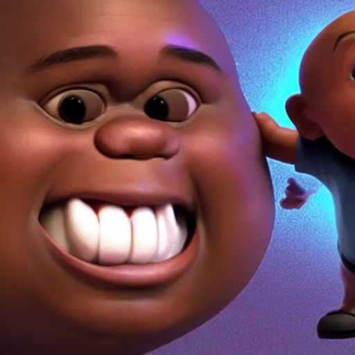 Prompt: a baby shaquille o ’ neal being held by a shocked asian man who can ’ t believe his eyes, pixar, 3 d render, artstation, unreal engine