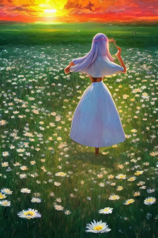 Image similar to giant white daisy flower as head, girl dancing in a flower field, surreal photography, sunrise, dramatic light, impressionist painting, colorful clouds, digital painting, artstation, simon stalenhag